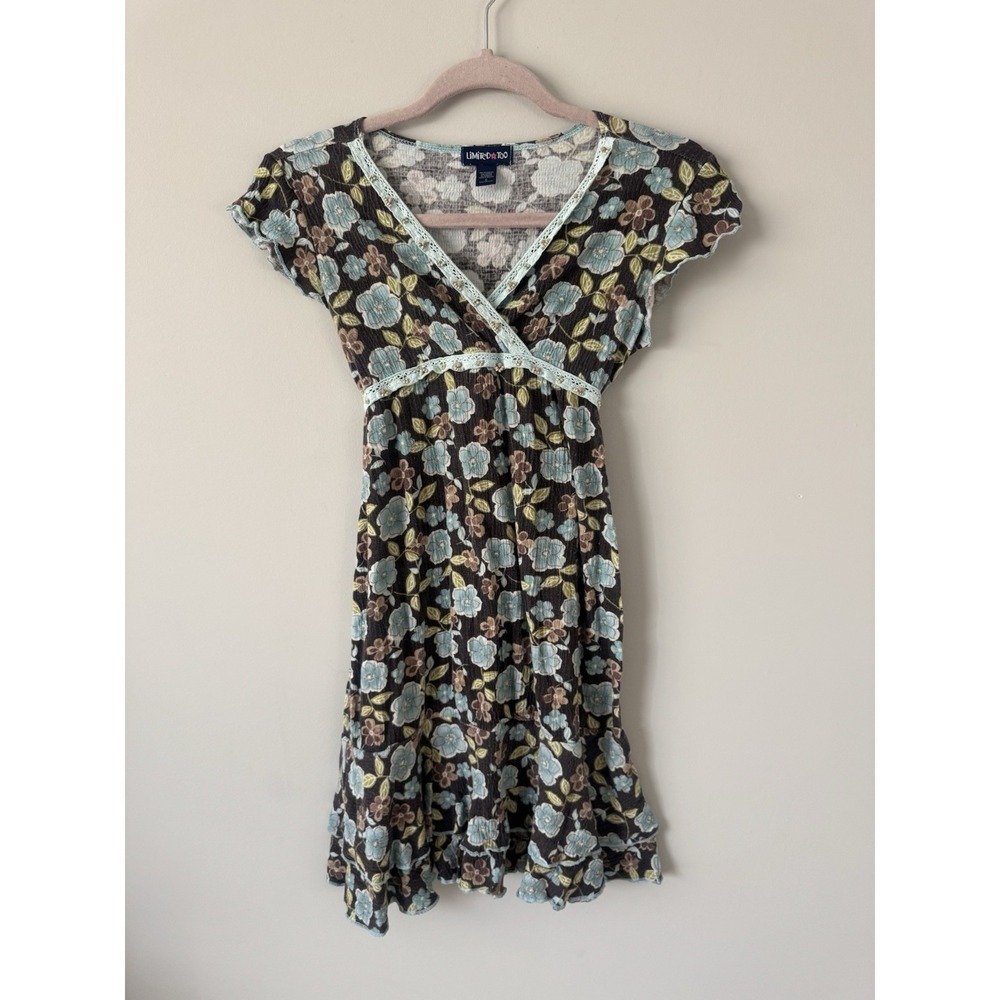 VTG Y2K Limited Too‎ Dress Girls 8 Brown Blue Floral Short Sleeve Beading Cute